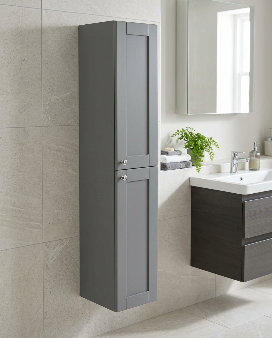 Clara 1500mm Wall Hung Tall Storage Unit, 2 Doors in a bright modern bathroom