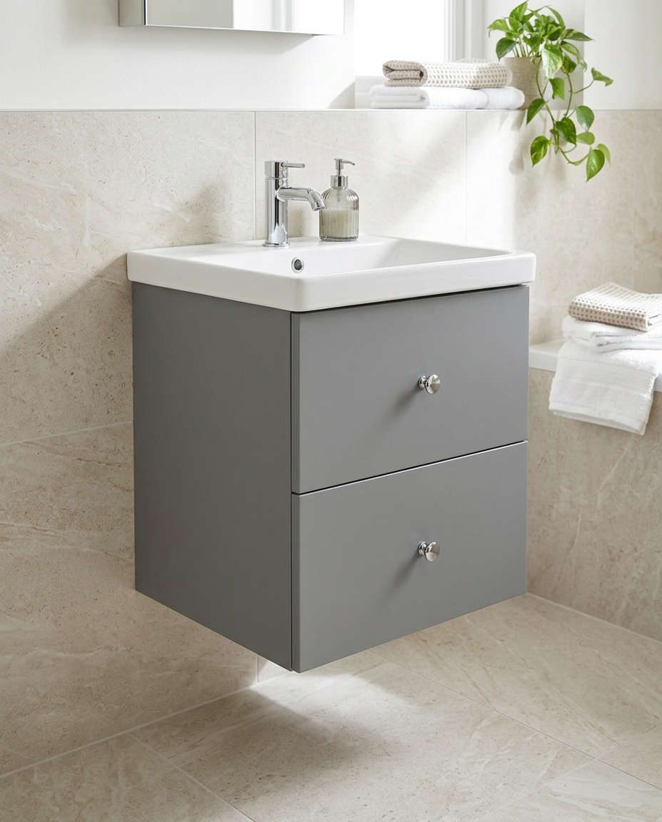 Clara 500mm Wall Hung Vanity Unit & Basin, 2 Drawers in a bright modern bathroom