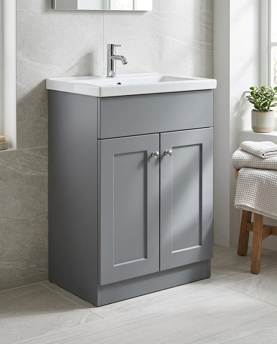 Clara 600mm Floorstanding Vanity Unit & Basin, 2 Doors in a bright modern bathroom