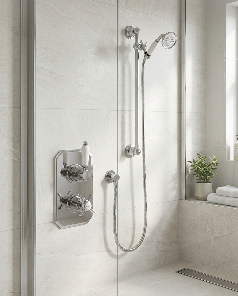 Clarence Traditional Thermostatic Shower Sets & Valves in a bright modern bathroom