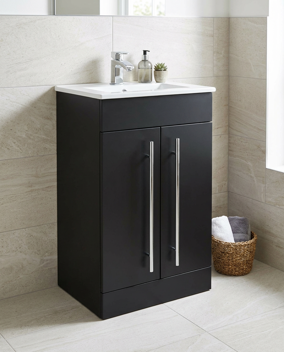 Clarity 500mm Floor Standing Vanity Unit & Basin, 2 Doors, matt black in a bright modern bathroom