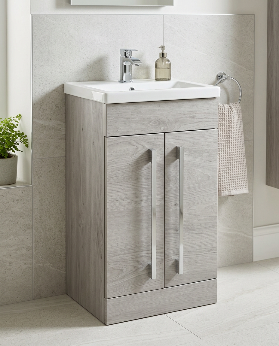 Clarity 500mm Floor Standing Vanity Unit & Basin, 2 Doors, silver oak in a bright modern bathroom