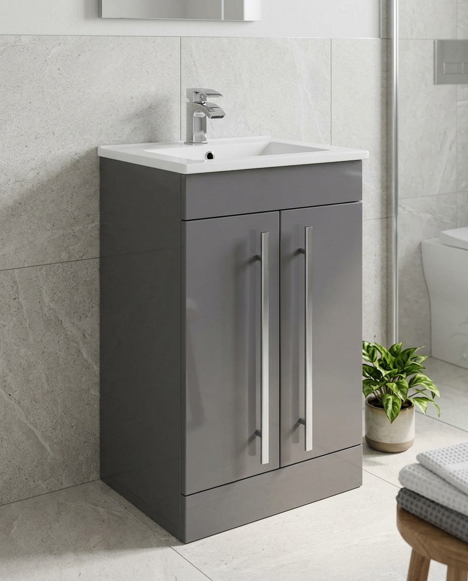 Clarity 500mm Floor Standing Vanity Unit & Basin, 2 Doors, storm grey gloss in a bright modern bathroom