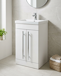 Clarity 500mm Floor Standing Vanity Unit & Basin, 2 Doors, white gloss in a bright modern bathroom