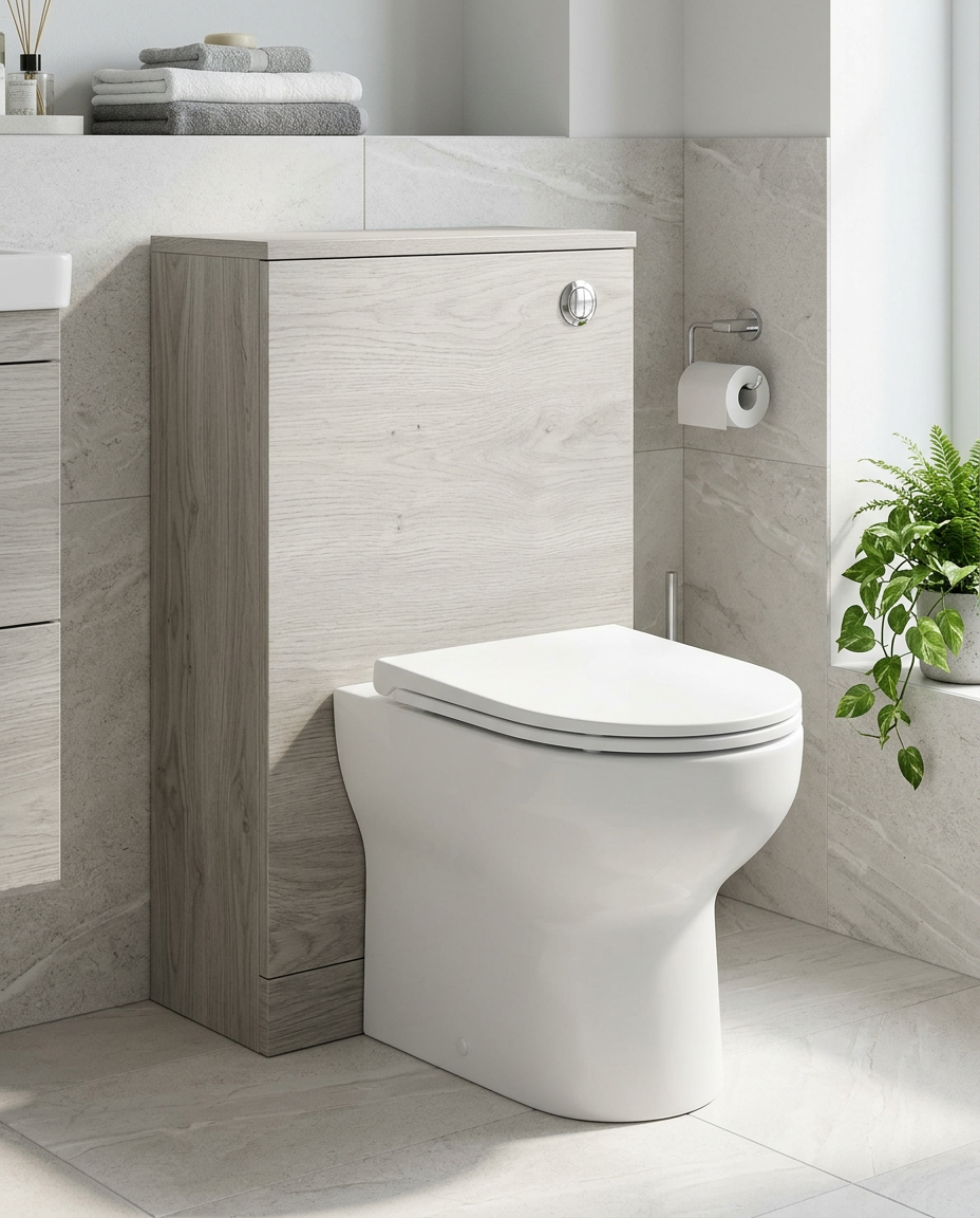 Clarity 505mm WC Unit, silver oak in a bright modern bathroom