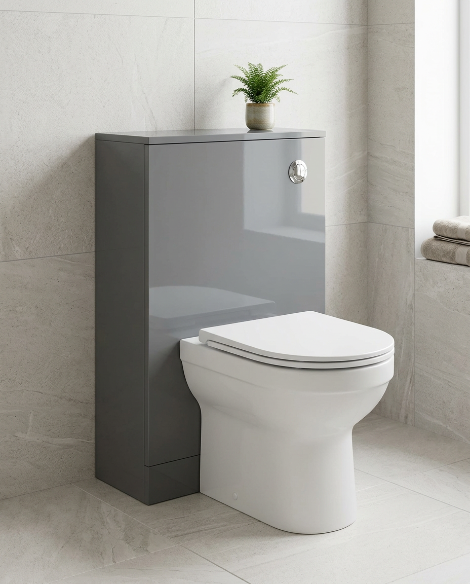 Clarity 505mm WC Unit, storm grey gloss in a bright modern bathroom