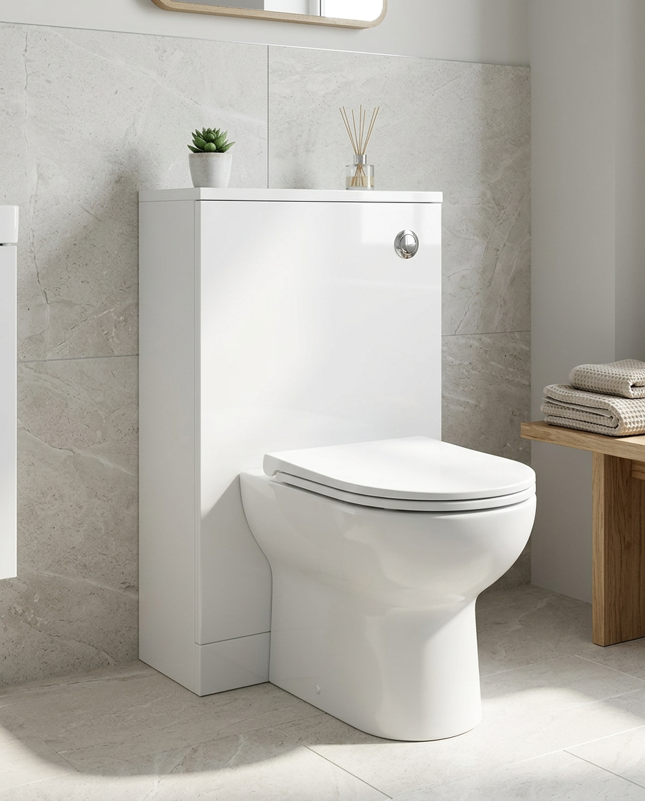 Clarity 505mm WC Unit, white gloss in a bright modern bathroom