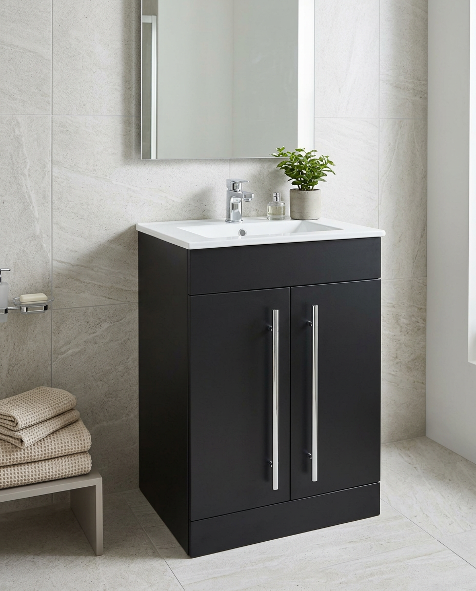 Clarity 600mm Floor Standing Vanity Unit & Basin, 2 Doors, matt black in a bright modern bathroom