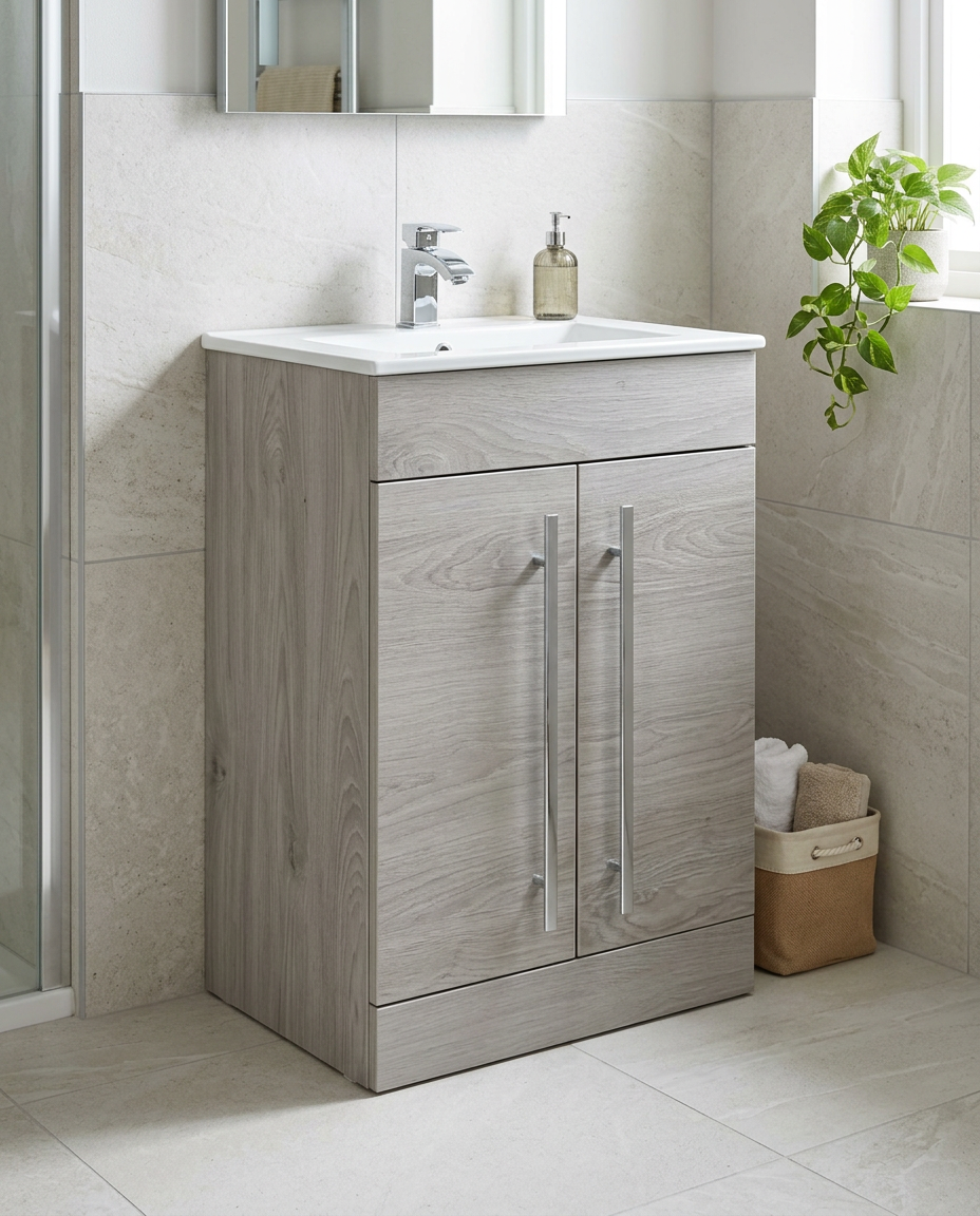 Clarity 600mm Floor Standing Vanity Unit & Basin, 2 Doors, silver oak in a bright modern bathroom