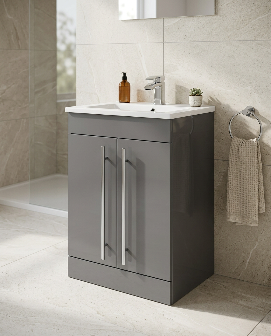 Clarity 600mm Floor Standing Vanity Unit & Basin, 2 Doors, storm grey gloss in a bright modern bathroom