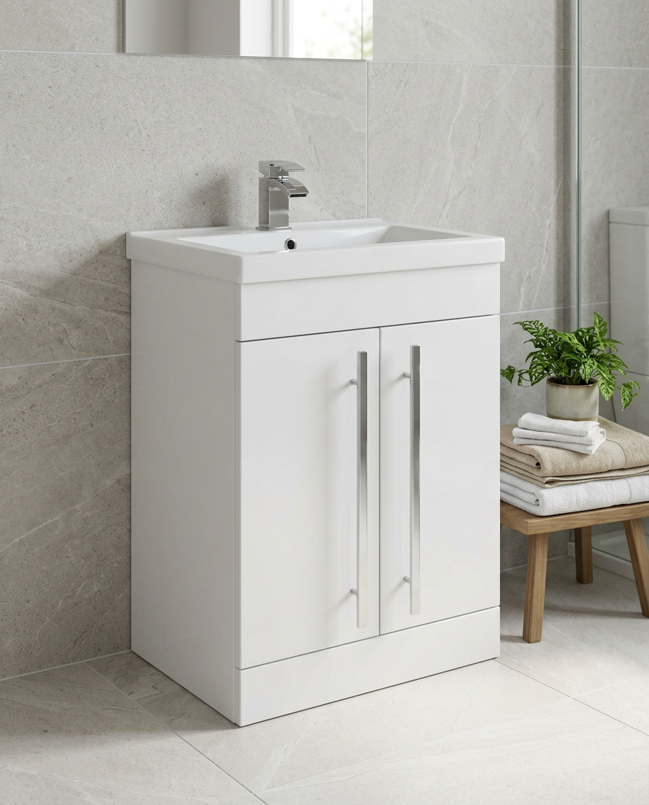 Clarity 600mm Floor Standing Vanity Unit & Basin, 2 Doors, white gloss in a bright modern bathroom