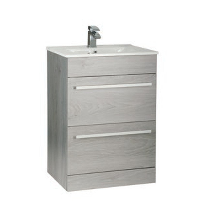 Clarity 600mm Floor Standing Vanity Unit & Basin, 2 Drawers – Silver oak
