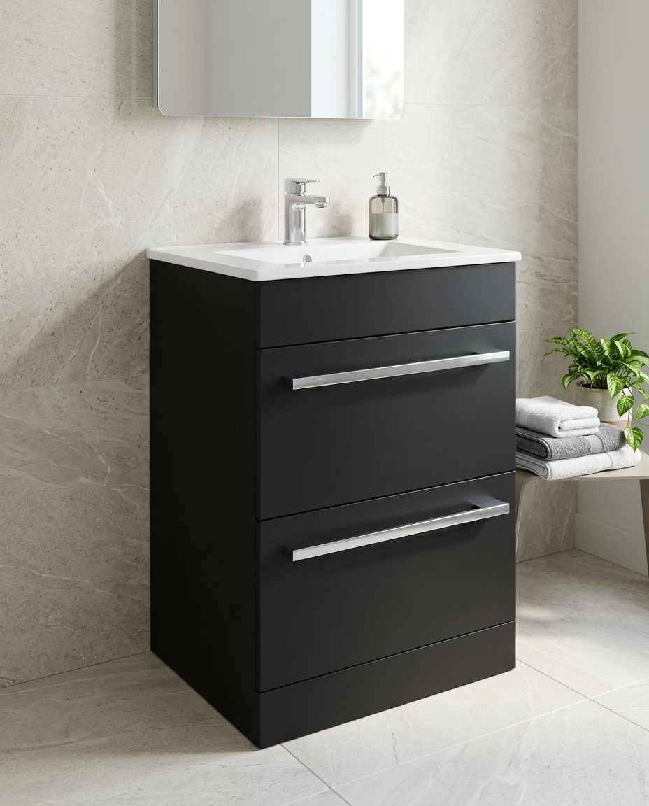 Clarity 600mm Floor Standing Vanity Unit & Basin, 2 Drawers, matt black in a bright modern bathroom