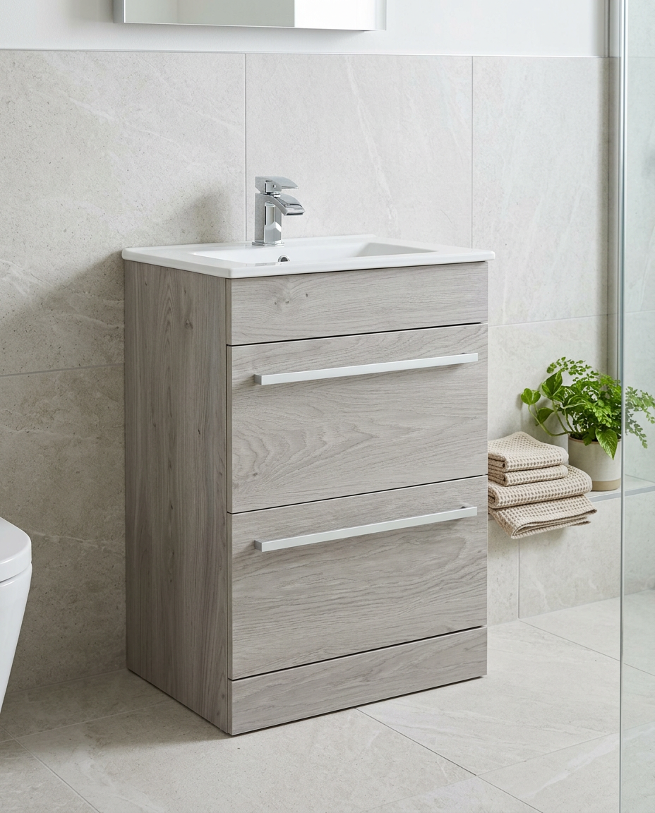 Clarity 600mm Floor Standing Vanity Unit & Basin, 2 Drawers, silver oak in a bright modern bathroom