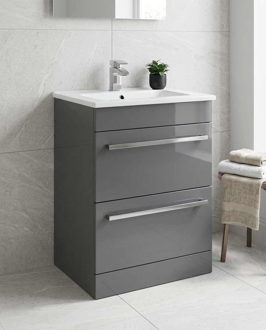 Clarity 600mm Floor Standing Vanity Unit & Basin, 2 Drawers, storm grey gloss in a bright modern bathroom