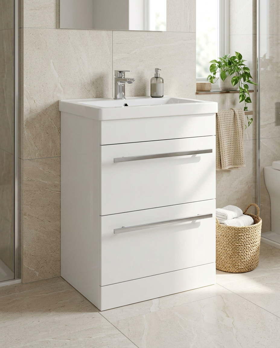 Clarity 600mm Floor Standing Vanity Unit & Basin, 2 Drawers, white gloss in a bright modern bathroom