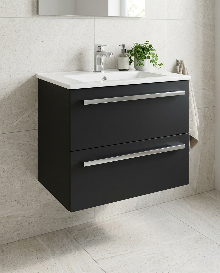 Clarity 600mm Wall Hung Vanity Unit & Basin, 2 Drawers, matt black in a bright modern bathroom
