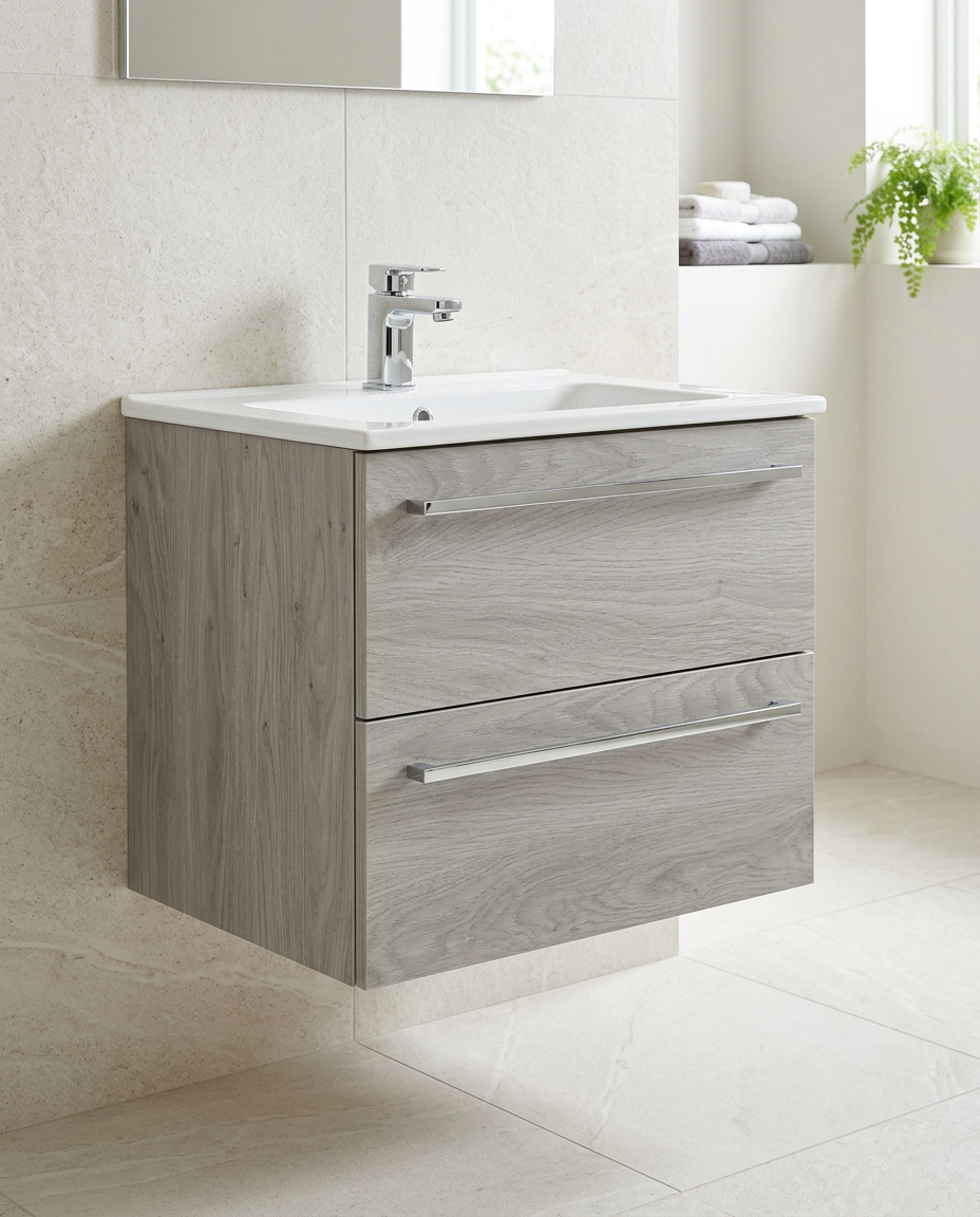 Clarity 600mm Wall Hung Vanity Unit & Basin, 2 Drawers, silver oak in a bright modern bathroom