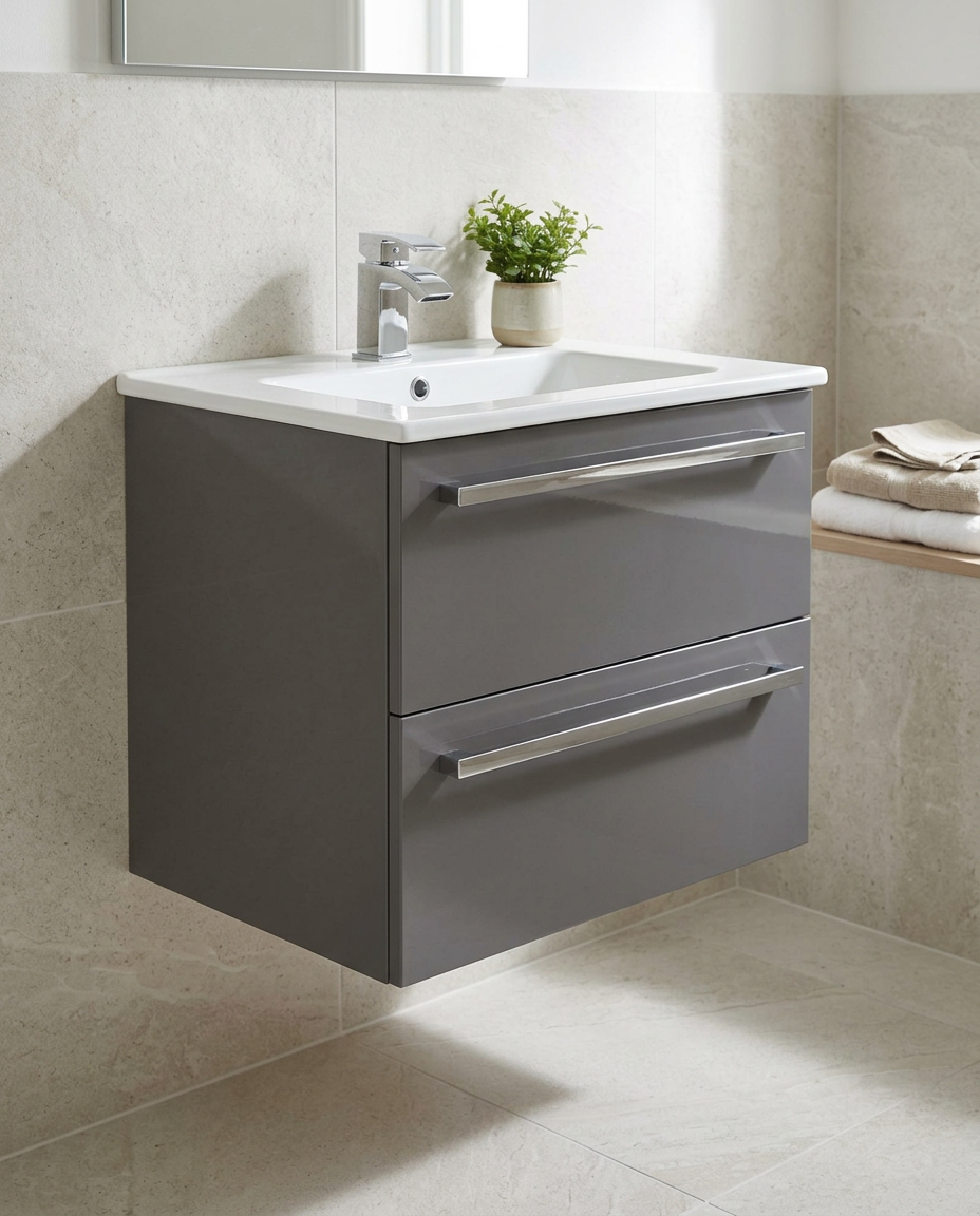 Clarity 600mm Wall Hung Vanity Unit & Basin, 2 Drawers, storm grey gloss in a bright modern bathroom