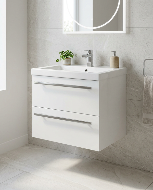 Clarity 600mm Wall Hung Vanity Unit & Basin, 2 Drawers