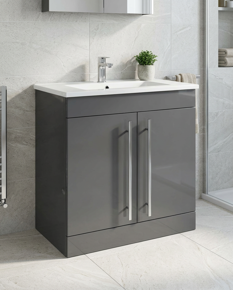 Clarity 800mm Floor Standing Vanity Unit & Basin, 2 Doors, storm grey gloss in a bright modern bathroom