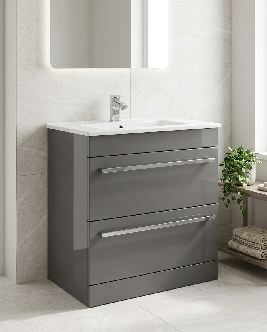 Clarity 800mm Floor Standing Vanity Unit & Basin, 2 Drawers, storm grey gloss in a bright modern bathroom