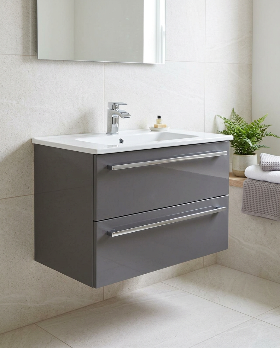 Clarity 800mm Wall Hung Vanity Unit & Basin, 2 Drawers, storm grey gloss in a bright modern bathroom