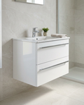 Clarity 800mm Wall Hung Vanity Unit & Basin, 2 Drawers, white gloss in a bright modern bathroom