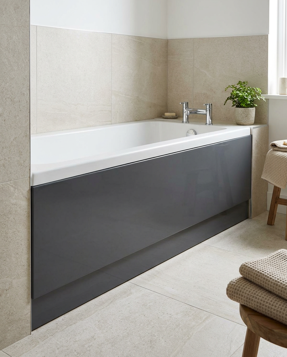 Clarity Bath Panels, storm grey gloss in a bright modern bathroom