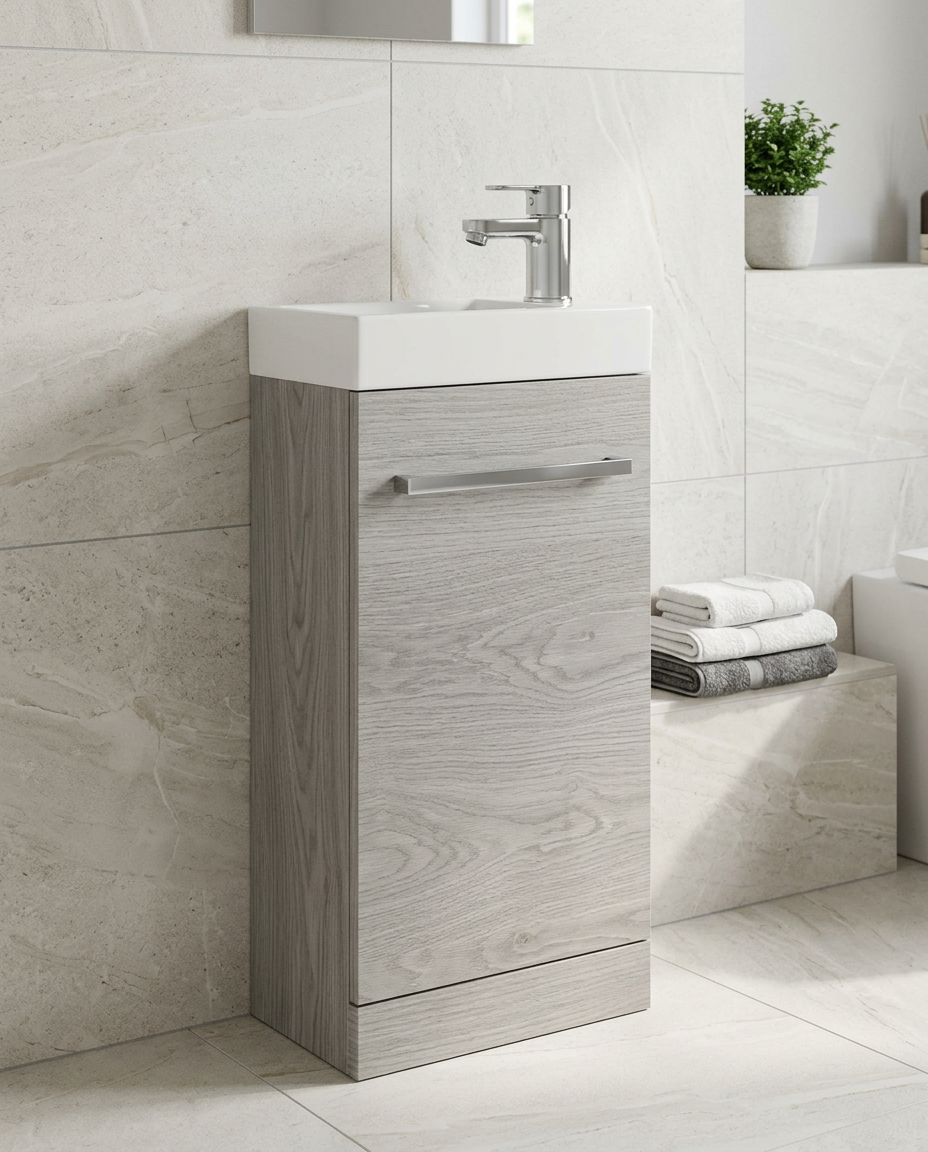 Clarity Cloakroom Unit & Basin, silver oak in a bright modern bathroom