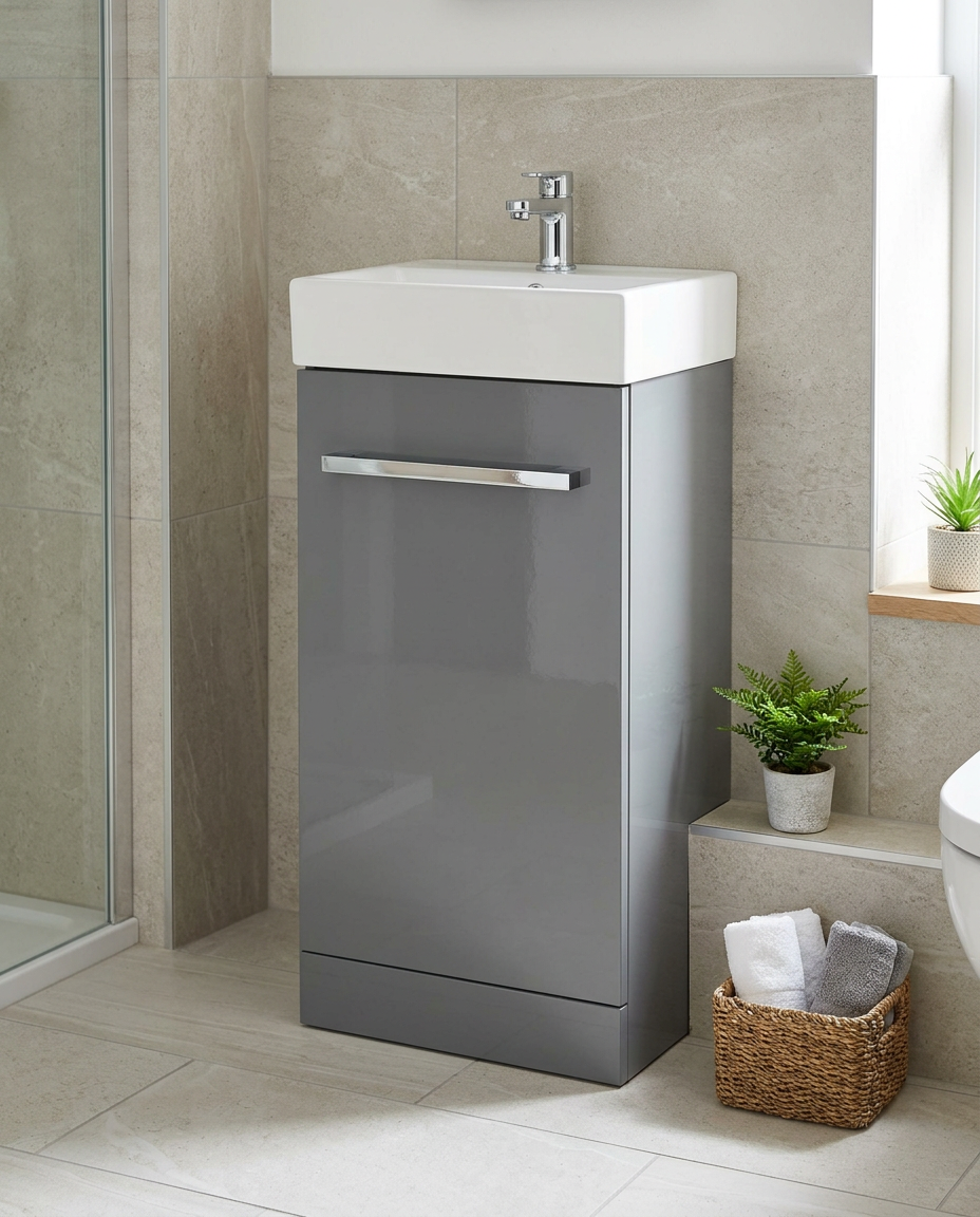 Clarity Cloakroom Unit & Basin, storm grey gloss in a bright modern bathroom