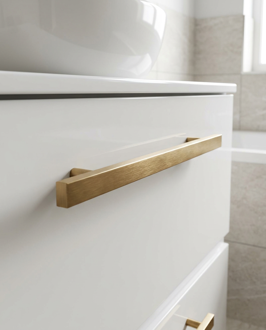 Clarity Furniture Handles, brushed brass in a bright modern bathroom