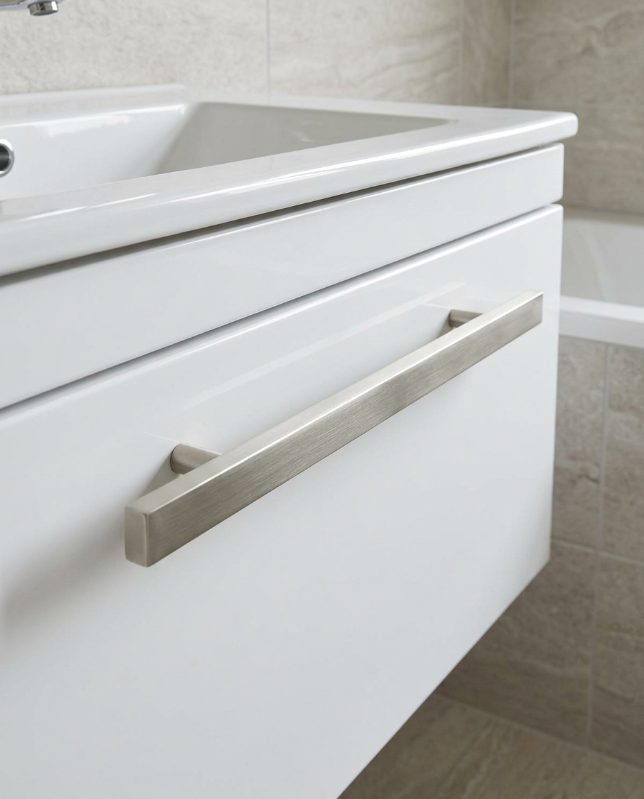 Clarity Furniture Handles, brushed nickel in a bright modern bathroom