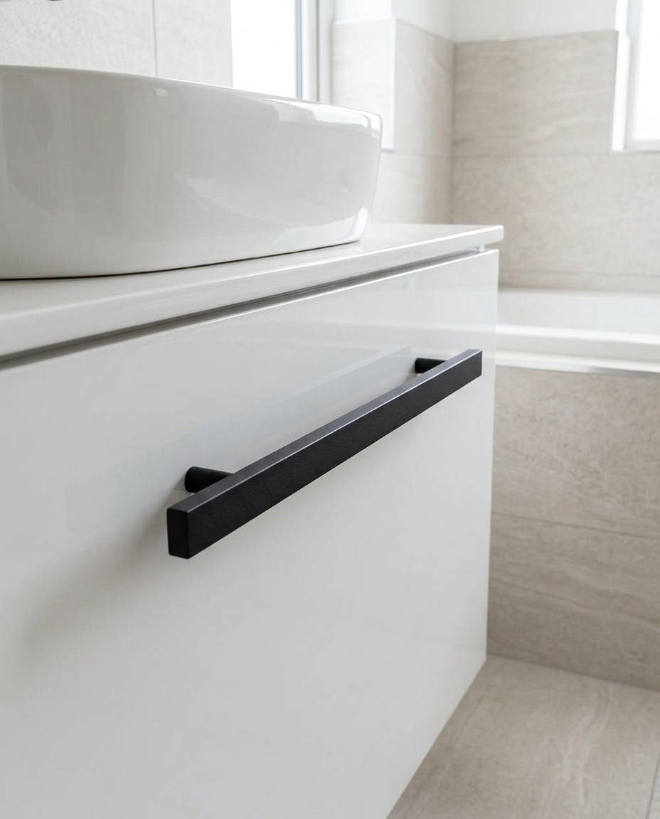 Clarity Furniture Handles, matt black in a bright modern bathroom