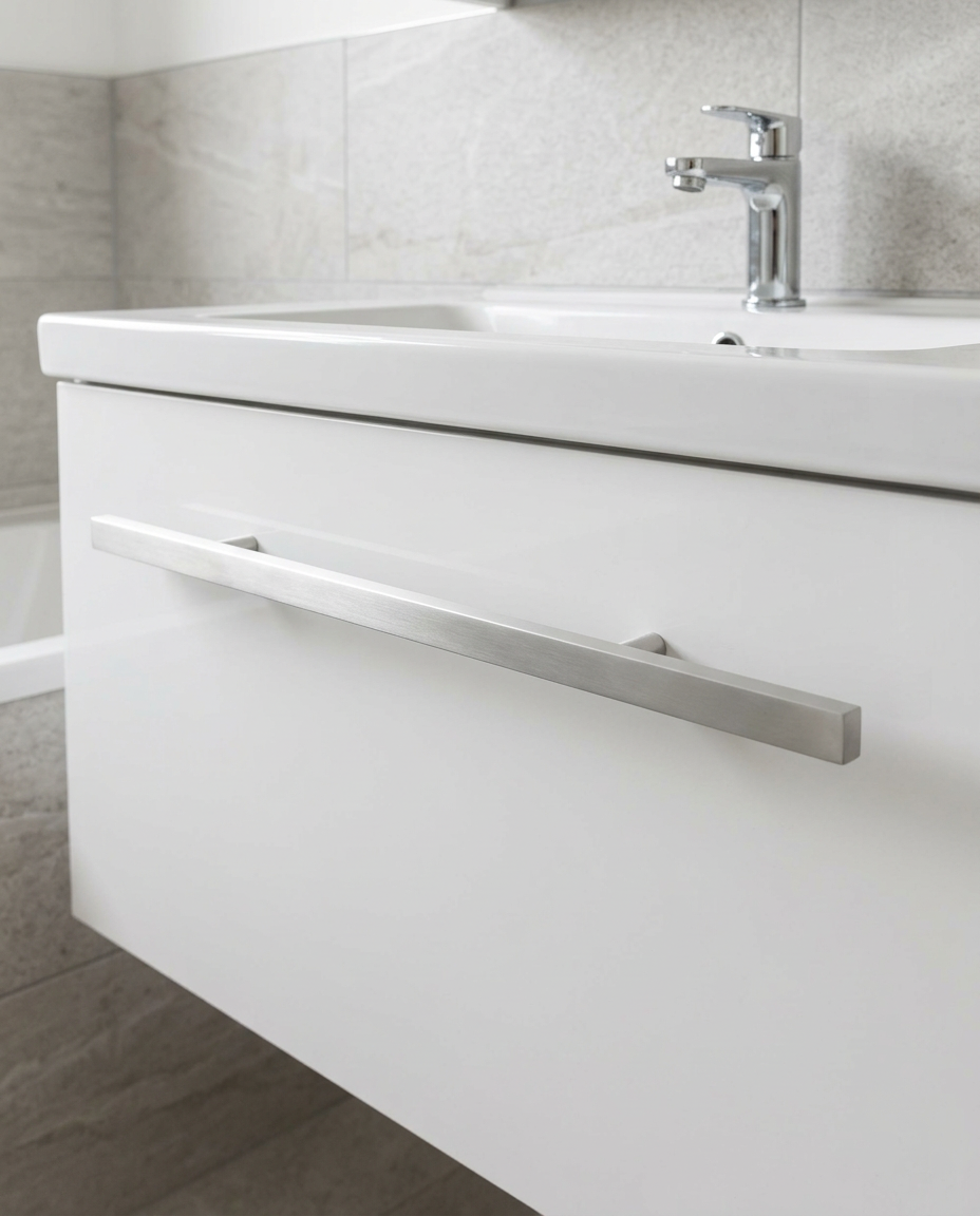 Clarity Furniture Handles, matt silver in a bright modern bathroom