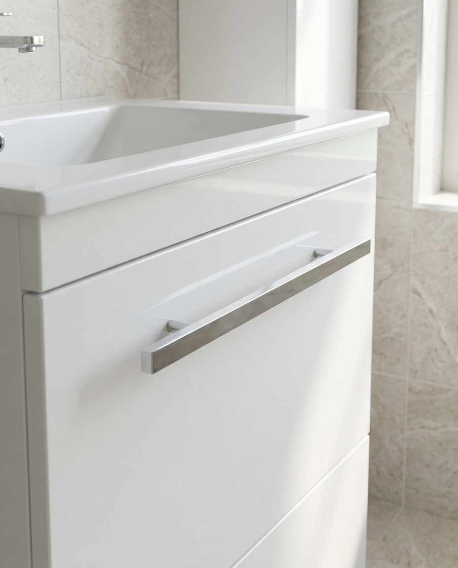 Clarity Furniture Handles, polished chrome in a bright modern bathroom