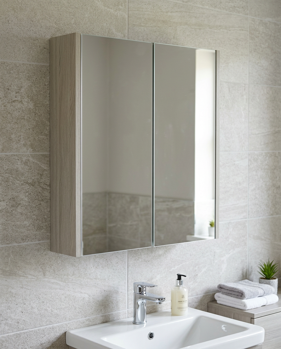 Clarity Mirror Cabinet, silver oak in a bright modern bathroom