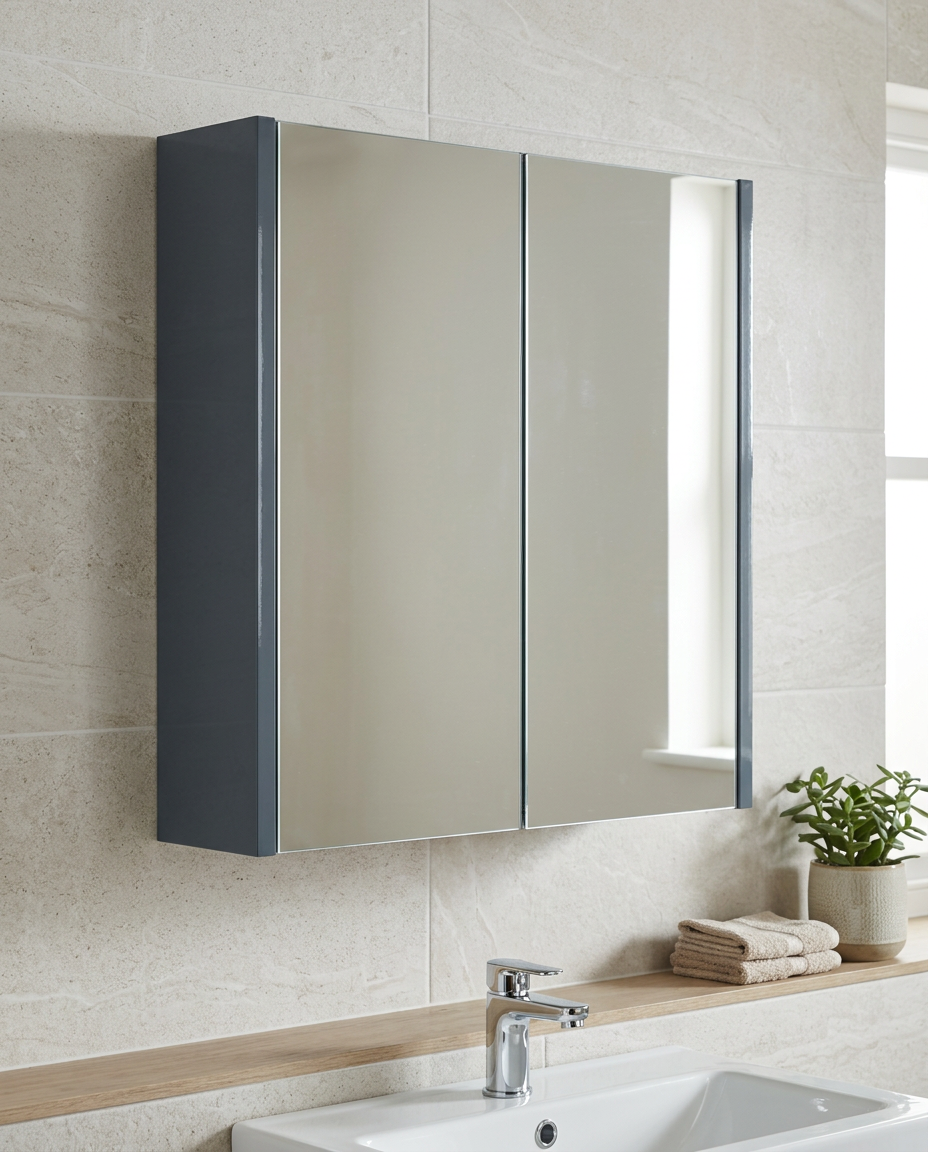 Clarity Mirror Cabinet, storm grey gloss in a bright modern bathroom