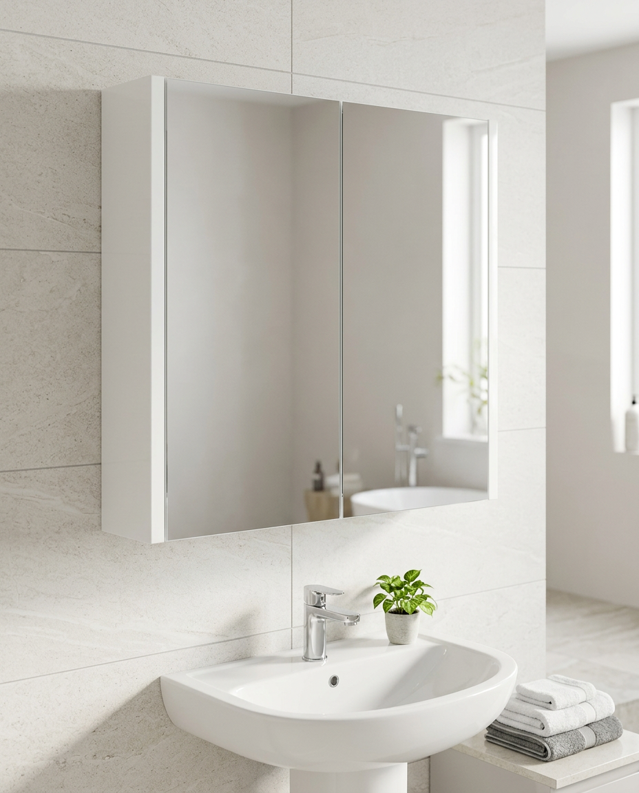 Clarity Mirror Cabinet, white gloss in a bright modern bathroom