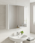 Clarity Mirror Cabinet, white gloss in a bright modern bathroom