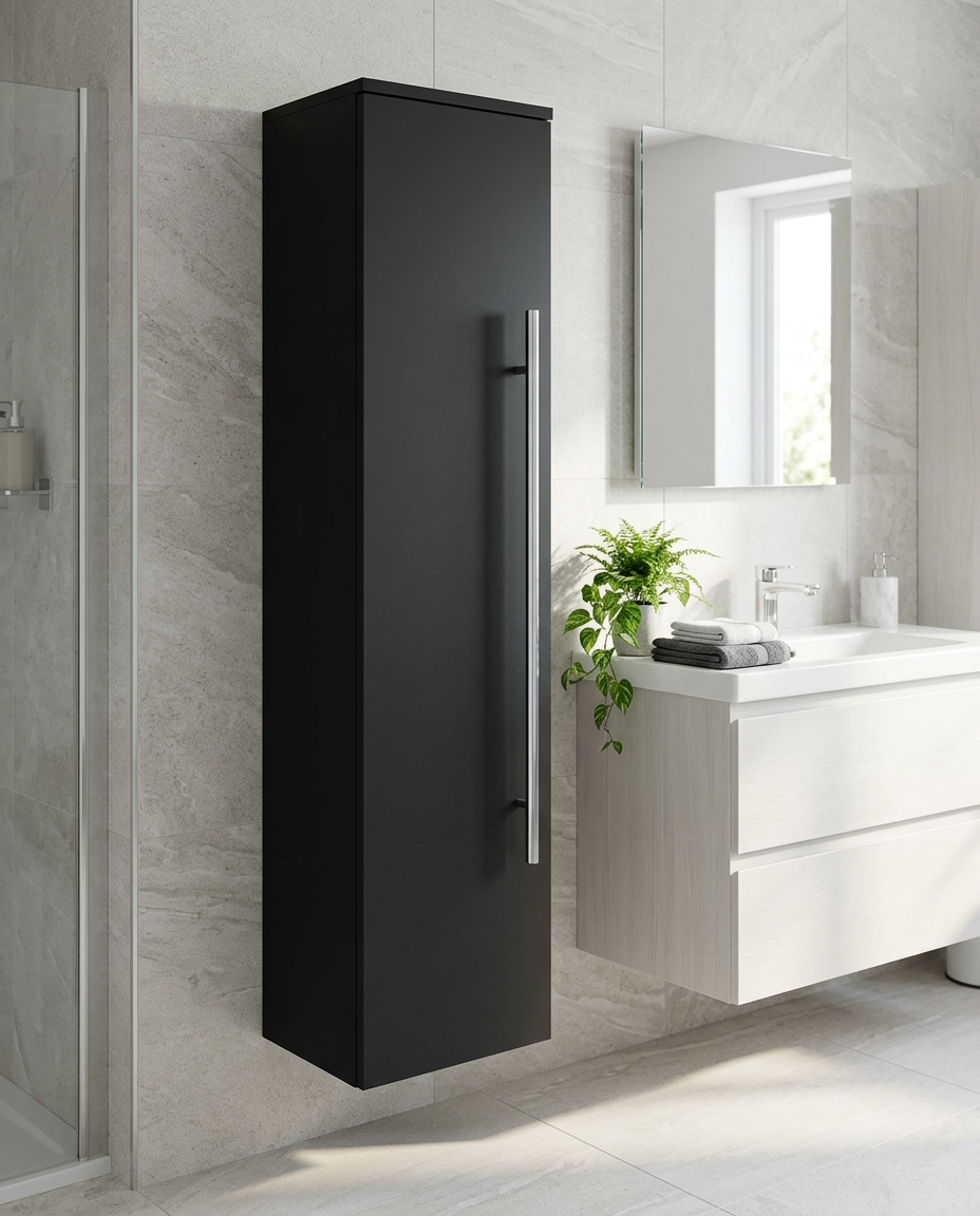 Clarity Wall Mounted Side Unit, matt black in a bright modern bathroom