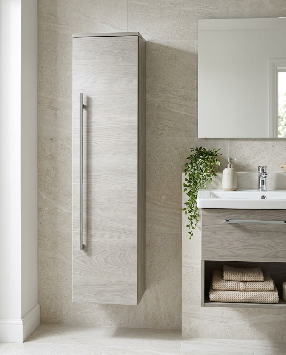 Clarity Wall Mounted Side Unit, silver oak in a bright modern bathroom