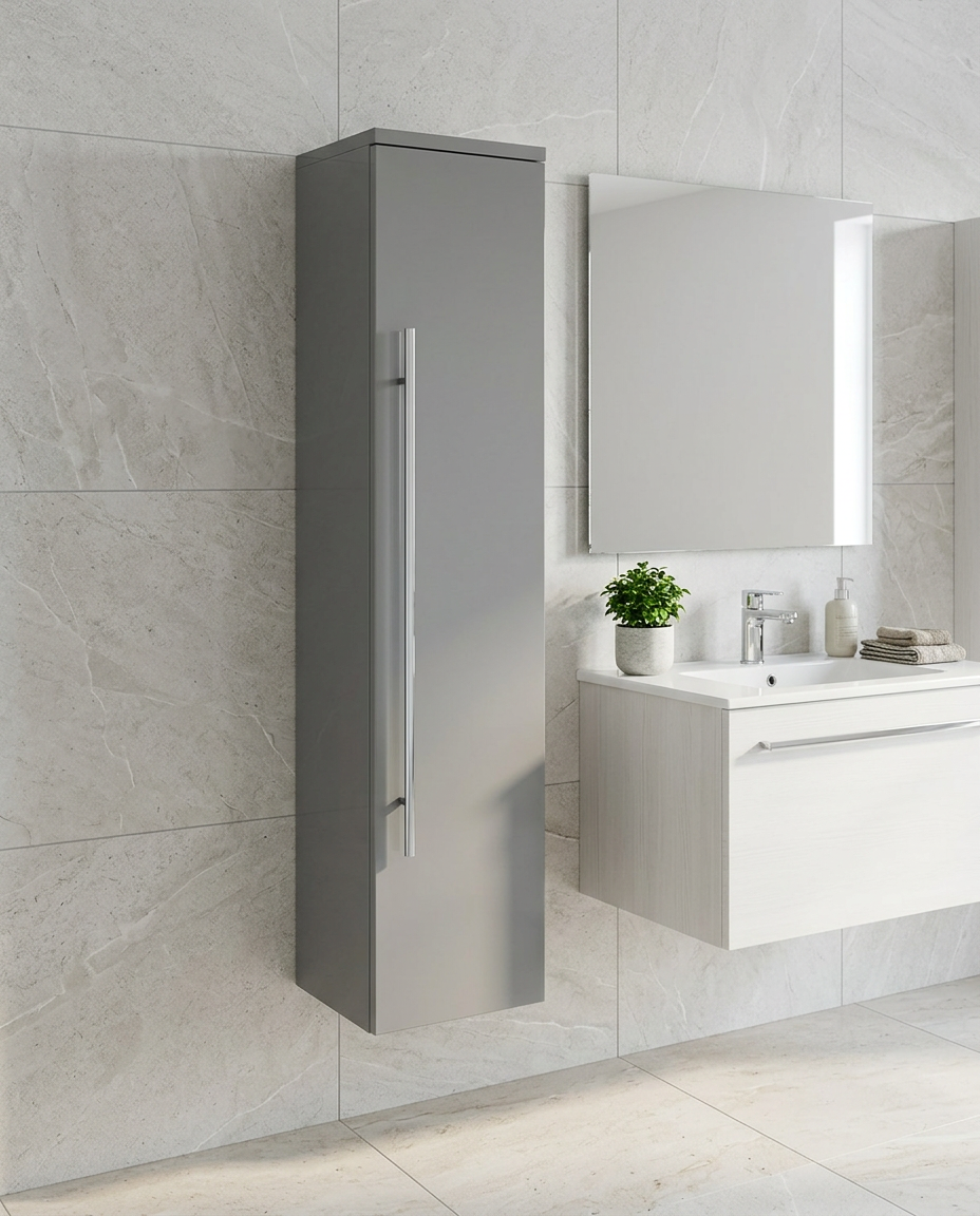 Clarity Wall Mounted Side Unit, storm grey gloss in a bright modern bathroom