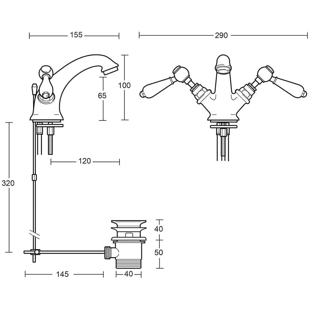 Radcliffe Mono Basin Mixer dimensioned technical drawing
