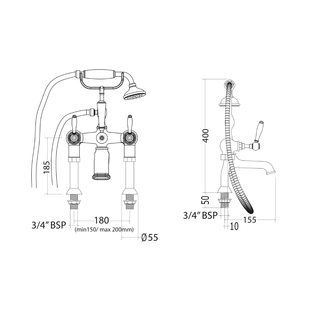 Radcliffe deck mounted bath shower mixer dimensioned technical drawing
