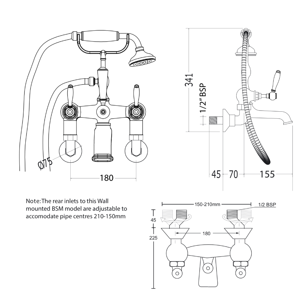 Radcliffe wall mounted bath shower mixer dimensioned technical drawing