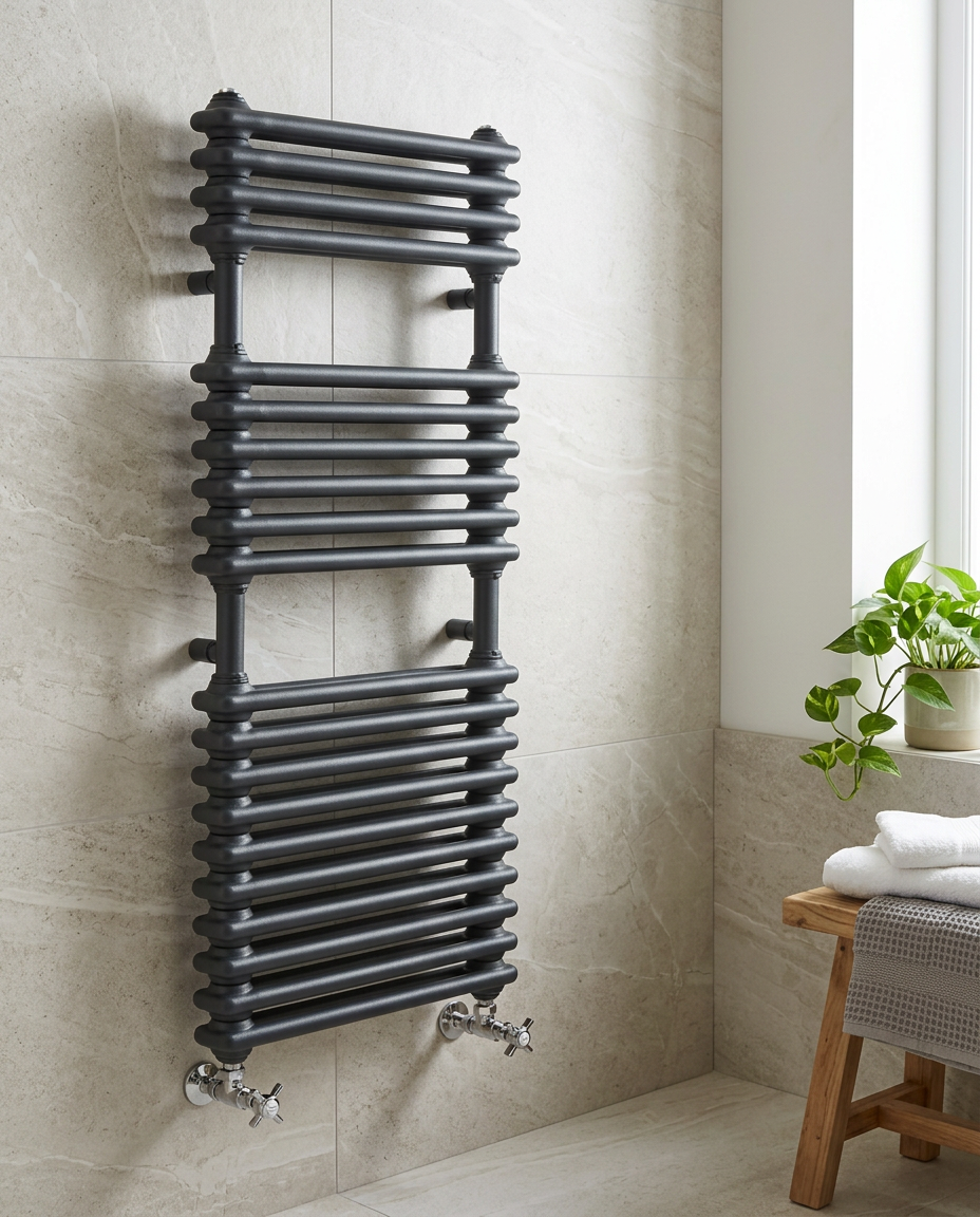 Colonna Column Towel Rail, anthracite in a bright modern bathroom