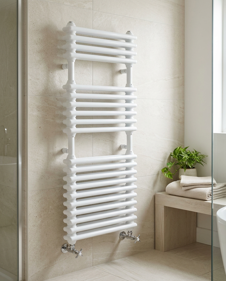 Colonna Column Towel Rail, white gloss in a bright modern bathroom