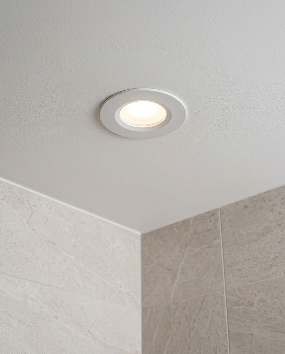 Colour Selectable LED Downlight, IP65 in a bright modern bathroom