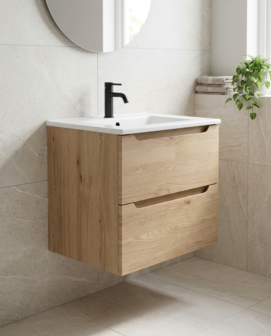 Concetta 600mm Wall Hung Vanity Unit & Basin, 2 Drawers in a bright modern bathroom